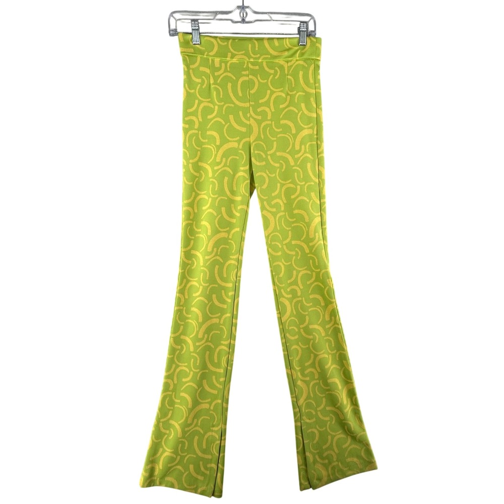 Zara Green‎ Yellow Flared Jacquard Pull On Pant Womens Small 27x33.5 Boho Retro
